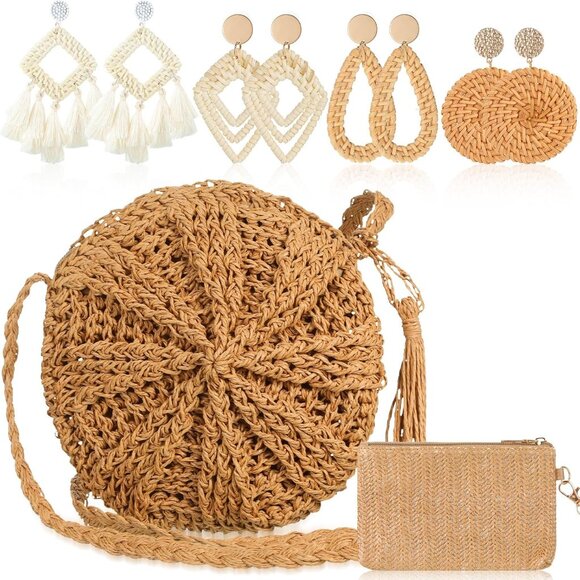 Straw Clutch Purse for Women Rattan Earrings Set Summer Beach Straw Bag Boho Han